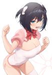  1girl bangs black_hair blue_eyes bow bowtie breasts cleavage commentary_request eyebrows_visible_through_hair hair_between_eyes large_breasts looking_at_viewer lower_teeth nekoshoko open_mouth original puffy_short_sleeves puffy_sleeves red_bow red_neckwear ribbon shirt short_hair short_sleeves simple_background solo thighhighs two_side_up white_background white_legwear white_ribbon white_shirt 