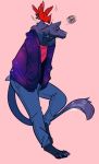  anthro avian bird blue_body blue_fur bottomwear candy.yeen canid canine canis cardinal_(bird) clothing dragon fur grumpy gulf hi_res hoodie hybrid jeans male mammal mane pants solo spikes topwear wolf yellow_eyes 