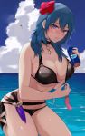  1girl bangs bare_shoulders bikini black_bikini blue_hair blue_sky blush breasts byleth_(fire_emblem) byleth_(fire_emblem)_(female) can choker cleavage closed_mouth cloud collarbone commentary_request cowboy_shot embarrassed eyebrows_behind_hair eyelashes feet_out_of_frame fire_emblem fire_emblem:_three_houses fire_emblem_heroes flower groin hair_between_eyes hair_flower hair_ornament highres holding holding_can knife large_breasts leaning_forward long_hair looking_at_viewer midriff nose_blush ocean purple_eyes shadow sheath sidelocks sky solo standing swimsuit thighs w_(1999_kyu) 