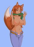  animal_humanoid areola belt big_breasts bottomwear breasts brown_eyes canid canid_humanoid canine canine_humanoid clothed clothing clothing_lift dipstick_tail female fox_humanoid hi_res humanoid mammal mammal_humanoid multicolored_tail navel nipples open_pants pants shirt shirt_lift simple_background solo terraria topwear underwear wide_hips xfvfto zoologist_(terraria) 