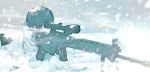  1girl aiming androgynous assault_rifle bipod black_hair blue_eyes blurry commentary depth_of_field finger_on_trigger gloves gun highres original outdoors rifle scope seallllion sig_550 snow snowing solo weapon 