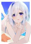  1girl alternate_costume amane_kanata beach bikini blue_bikini blue_hair blue_sky blurry blush breasts chin_rest commentary day depth_of_field eyebrows_visible_through_hair eyelashes hair_between_eyes hand_on_own_chin highres hinata_(hinata-ur) hololive looking_at_viewer lying multicolored_hair on_stomach open_mouth outdoors purple_eyes short_hair silver_hair sky small_breasts smile solo starfish streaked_hair swimsuit two-tone_hair virtual_youtuber 