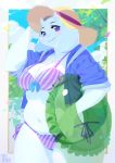  2020 4_fingers anthro aruurara big_breasts bikini blush boss_monster bovid breasts caprine cleavage clothed clothing curvy_figure day female fingers floppy_ears fur hat headgear headwear hi_res horn looking_at_viewer mammal mature_female navel outside purple_eyes slightly_chubby solo standing swimwear thick_thighs toriel undertale video_games voluptuous white_body white_fur 