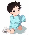  1boy 3: black_eyes blush brown_hair full_body fullmetal_alchemist highres long_hair male_focus selim_bradley shoes short_shorts shorts sleeves_past_wrists sneakers socks solo sweater thebrushking 