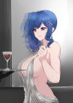  1girl absurdres alcohol azur_lane backless_dress backless_outfit bangs bare_arms bare_shoulders black_gloves blue_hair breasts cleavage closed_mouth cup dress drinking_glass earrings evening_gown eyebrows_visible_through_hair gloves grey_dress hair_ornament hairclip halter_dress highres holding holding_tray indoors jewelry large_breasts nmk4888 plunging_neckline purple_eyes revealing_clothes side_ponytail sideboob sidelocks silver_dress smile st._louis_(azur_lane) st._louis_(luxurious_wheels)_(azur_lane) tray 