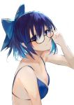  1girl adjusting_eyewear alternate_costume bikini black-framed_eyewear blue_bikini blue_eyes blue_hair bow breasts cleavage closed_mouth commentary expressionless glasses hair_between_eyes hair_bow highres hinata_(hinata-ur) hololive looking_at_viewer medium_breasts semi-rimless_eyewear short_hair simple_background solo swimsuit upper_body virtual_youtuber white_background yuujin_a_(hololive) 