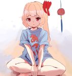  1girl bangs blonde_hair blue_shirt commentary_request crossed_legs eyebrows_visible_through_hair flandre_scarlet hands_on_legs long_hair oversized_clothes oversized_shirt parted_lips red_eyes shiny shiny_hair shirt short_sleeves sitting solo sweat touhou yuma_(user_zuft7485) 
