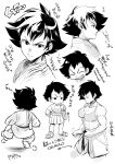  1girl abs barefoot biceps breasts bubble_tea chibi chibi_inset cleavage collage dougi expressionless highres karate_gi makoto_(street_fighter) marimo_(yousei_ranbu) monochrome muscle muscular_female short_hair solo_focus sports_bra street_fighter street_fighter_iii_(series) tomboy translation_request 
