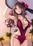  1girl blurry blurry_background breasts brown_hair dorothea_arnault fire_emblem fire_emblem:_three_houses fire_emblem_heroes flower green_eyes hat hat_flower highres j@ck large_breasts long_hair navel one-piece_swimsuit palm_tree smile solo stomach sun_hat swimsuit tree 