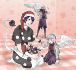  baby blue_hair blush doremy_sweet hat holding_baby if_they_mated kishin_sagume miyamoto_(dominocube6) mother_and_daughter multiple_girls nightcap seiza silver_hair single_wing sitting tail tapir_tail touching_tail touhou video_camera wings yuri 