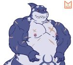  absurd_res anthro belly big_belly chubby-shark chubby_male fish hi_res kemono male marine moobs muscular muscular_anthro muscular_male nipples overweight overweight_anthro overweight_male red_panda_mirr scar shark simple_background smile solo typhon typhon_(housamo) video_games 