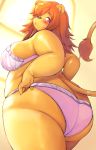  2020 5_fingers akitaka anthro big_breasts big_butt blush bodily_fluids bra breasts brown_hair butt clothing curvy_figure embarrassed felid female fingers fur hair hi_res huge_butt kemono lion long_hair looking_back mammal open_mouth overweight overweight_anthro overweight_female pantherine panties solo standing sweat sweatdrop tan_body tan_fur thick_thighs underwear voluptuous wide_hips 