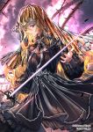  1girl black_dress blonde_hair blue_eyes blurry_foreground closed_mouth cowboy_shot curly_hair dress floating_hair hair_between_eyes holding holding_sword holding_weapon layered_dress long_hair long_sleeves sid_story sila_(carpen) soles standing sword thorns very_long_hair weapon 