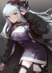  1girl absurdres baggy_pants bangs black_jacket blue_hair blush breasts girls_frontline hair_ribbon hand_in_hair hat headphones highres hk416_(girls_frontline) jacket leaning_forward long_hair looking_at_viewer military military_hat military_uniform pants ribbon seorang simple_background solo thigh_strap uniform 