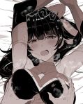  1boy 1girl ? arito_arayuru armpits arms_up azur_lane bangs bed_sheet black_eyes black_hair blunt_bangs blush breast_grab breasts breath cleavage_cutout commentary_request dress elbow_gloves eyebrows_visible_through_hair gloves grabbing greyscale groping hair_ribbon heavy_breathing hetero highres large_breasts long_hair looking_at_viewer lying male_hand monochrome on_back open_mouth ribbon sleeveless sleeveless_dress solo_focus speech_bubble spoken_question_mark sweat takao_(azur_lane) takao_(full_throttle_charmer)_(azur_lane) upper_body veins wavy_mouth 