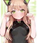  1girl absurdres black_bodysuit blonde_hair blush bodysuit breasts character_name choker english_text girls_frontline green_eyes hands_up headphones highres long_hair looking_at_viewer seorang simple_background small_breasts solo strap tmp_(girls_frontline) 