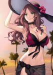  1girl blurry blurry_background breasts brown_hair dorothea_arnault fire_emblem fire_emblem:_three_houses fire_emblem_heroes flower green_eyes hat hat_flower highres j@ck large_breasts long_hair navel palm_tree sarong smile solo stomach sun_hat swimsuit tree 