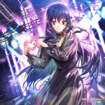  1girl black_dress black_hair black_ribbon black_skirt collarbone commentary_request dress earrings heart heart_hands jewelry long_hair looking_at_viewer official_art red_eyes ribbon ruby_(gemstone) see-through sid_story sila_(carpen) skirt smile stage stage_lights 