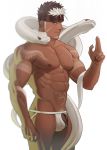  1boy abs absurdres bara beard brown_hair chest dark_skin dark_skinned_male facial_hair headband highres looking_at_viewer male_focus multicolored_hair muscle navel nipples nywlub pectorals red_eyes revealing_cutout smile snake solo spiked_hair tangaroa tattoo tokyo_houkago_summoners upper_body white_background white_hair yellow_eyes 