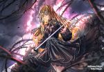  1girl black_dress blonde_hair blue_eyes blurry_foreground closed_mouth cowboy_shot curly_hair dress floating_hair hair_between_eyes holding holding_sword holding_weapon layered_dress long_hair long_sleeves sid_story sila_(carpen) soles standing sword thorns very_long_hair weapon 
