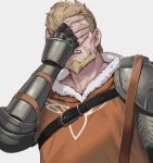  1boy absurdres beard cuboon facepalm facial_hair fire_emblem fire_emblem:_three_houses fur_trim gauntlets highres jeralt_reus_eisner light_brown_hair male_focus pauldrons shoulder_armor 