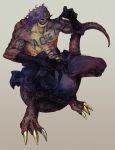  2020 anthro body_tattoo brown_body claws clothing dinosaur gloves hair handwear hi_res male one_piece purple_hair reptile scalie sharp_teeth simple_background solo teeth unknown_artist yellow_sclera 