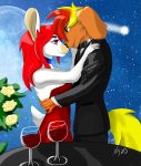  alcohol anthro beverage black_tie_(suit) canid canine canis classy clothed clothing dancing domestic_dog dress duo embrace eye_contact female flower furniture hands_on_hips hi_res holding_each_other lagomorph leporid light looking_at_another male male/female mammal moon moonlight night night_sky plant rabbit red_clothing red_dress romantic_couple rose_(flower) sky star starry_sky suit table wine wine_glass xiongshan 