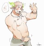  1boy abs animal_ears bara beard blush brown_hair chest clenched_hands dark_skin dark_skinned_male facial_hair feathers flustered forked_eyebrows glowing_horns hands_on_penis horns looking_to_the_side male_focus muscle native_american navel nipples open_mouth pectorals pesox simple_background sketch smile solo sportswear thick_eyebrows tight tokyo_houkago_summoners wakan_tanka 