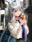  1girl :o bag bangs black_skirt blue_neckwear blunt_bangs blurry blurry_background bracelet collared_shirt dress_shirt food girls_frontline green_eyes hair_ornament hk416_(girls_frontline) holding holding_food jewelry long_hair open_mouth outdoors parfait pleated_skirt school_bag school_uniform shirt sidelocks silence_girl silver_hair skirt white_shirt 