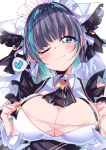  1girl absurdres animal_ears aqua_hair areola_slip areolae azur_lane blue_eyes blush breasts cheshire_(azur_lane) cleavage earrings eyebrows_visible_through_hair fake_animal_ears frills heart highres himiya_ramune jewelry large_breasts looking_at_viewer multicolored_hair one_eye_closed portrait purple_hair simple_background solo spoken_heart 