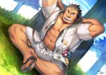  1boy abs absurdres arms_behind_head bara beard black_hair blush body_hair chest facial_hair forehead_scar full_body highres huge_filesize leg_hair looking_at_viewer male_focus manly mononobe_kyoma_(tokyo_houkago_summoners) muscle open_clothes open_mouth pectorals pesox sandals shorts smile solo thick_eyebrows tokyo_houkago_summoners 