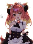  1girl alternate_costume animal_ear_fluff animal_ears apron artist_name ascot bangs black_neckwear breasts bright_pupils buttons cat_ears cat_girl cat_tail enmaided eyebrows_visible_through_hair fang frilled_apron frills hand_up highres hikasa_tomoshika kemonomimi_mode long_hair maid maid_apron maid_headdress medium_breasts multicolored_hair open_mouth orange_eyes orange_hair raised_eyebrow red_hair rhm. solo tail twintails two-tone_hair virtual_youtuber voms waist_apron white_apron white_pupils 