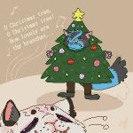  1:1 alien anthro barefoot biped blue_eyes blush bottomwear caroling christmas christmas_bauble christmas_decorations christmas_star christmas_tree clothed clothing costume digital_media_(artwork) dogstar domestic_cat drap duo embarrasing embarrassed english_text eyebrows eyes_closed felid feline felis female frown fur hair hi_res holidays humiliation legwear male mammal notched_ear notes open_mouth ornaments pants rehreh simple_background singing smile song standing swishing_tail teeth text topwear tree whiskers 