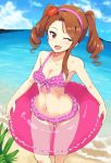  0byte 1girl ;d blush breasts brown_eyes brown_hair cleavage cloud collarbone commentary_request day eyelashes flower hair_flower hair_ornament hair_tie hairband idolmaster idolmaster_(classic) idolmaster_2 innertube long_hair looking_at_viewer minase_iori navel one_eye_closed open_mouth outdoors pink_innertube pink_swimsuit red_flower sand shiny shiny_hair shore sky smile solo standing swimsuit tied_hair tongue twintails water 