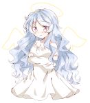  1girl angel_wings artist_name beyblade beyblade:_burst blue_hair blush breasts chanko character_name closed_mouth collarbone crossed_arms dress happy light_smile long_hair medium_breasts nishiro_nya open_eyes purple_eyes white_dress wings 