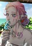  1boy alternate_costume alternate_hairstyle bench blue_eyes blue_lipstick bush casual collarbone curly_hair eating fate/grand_order fate_(series) food hair_bun hair_ribbon highres ice_cream ice_cream_cone lipstick long_hair looking_to_the_side makeup mephistopheles_(fate/grand_order) multicolored multicolored_eyes ocean pointy_ears purple_eyes purple_hair r-lyeh-yeah-yeah ribbon shirt sky sweat teardrop thick_eyebrows white_shirt white_skin 