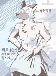  absurd_res anthro blush canid canine canis caught charles_(nicky_illust) covering covering_self domestic_dog embarrassed fur german_shepherd herding_dog hi_res korean_text male mammal muscular muscular_anthro muscular_male nicky_illust pastoral_dog shower simple_background solo surprise text towel towel_only translated 
