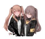  2girls artist_name bangs black_gloves black_jacket brown_hair fingerless_gloves girls_frontline gloves gun h&amp;k_ump hair_ornament hand_up highres jacket long_hair looking_at_viewer multiple_girls red_eyes scar scar_across_eye scarf seorang shirt submachine_gun ump45_(girls_frontline) ump9_(girls_frontline) v weapon white_background yellow_eyes 