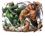  2019 5:4 abs alpha_channel beard black_hair bodskih border claws clothing dinosaur duo facial_hair green_body hair human male mammal muscular one_piece orange_hair red_eyes reptile scalie sharp_teeth teeth transparent_border wings x_drake 