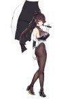  1girl absurdres ass azur_lane bare_shoulders black_footwear black_legwear bow breasts brown_hair cleavage_cutout elbow_gloves eyebrows_visible_through_hair fingerless_gloves full_body gloves hair_flaps high_heels highleg highleg_leotard highres holding holding_umbrella impossible_clothes leotard long_hair looking_at_viewer medium_breasts multicolored multicolored_clothes multicolored_leotard orange_eyes race_queen simple_background solo takao_(azur_lane) takao_(full_throttle_charmer)_(azur_lane) tierla two-tone_leotard umbrella unitard white_background white_bow 