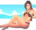  1girl barefoot bikini black_bikini black_hair breasts character_doll choker cleavage collarbone earrings elezen elf final_fantasy final_fantasy_xiv hair_between_eyes hilda_(ff14) hybrid hyur jewelry koyorin large_breasts long_hair looking_at_viewer m&#039;naago navel one_eye_closed photoshop_(medium) pointy_ears ponytail red_eyes simple_background sitting smile solo swimsuit toenails 