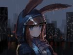  1girl amiya_(arknights) animal_ears arknights blue_eyes blush brown_hair city city_lights cloak highres long_hair looking_down seorang simple_background solo tagme 