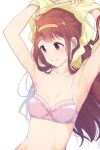  1girl armpits arms_behind_head bangs blunt_bangs bow bow_bra bra breasts cleavage closed_eyes collarbone ear eyebrows_visible_through_hair hairband highres hiroki_(yyqw7151) idolmaster idolmaster_million_live! lace lace-trimmed_bra long_hair looking_to_the_side midriff pink_bra red_eyes red_hair shirt shirt_removed small_breasts smile solo straight_hair tanaka_kotoha underwear upper_body white_background yellow_hairband yellow_shirt 