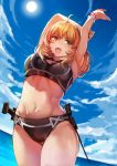  1girl :d arms_up bikini black_bikini blonde_hair breasts cleavage_cutout cloud cloudy_sky cowboy_shot day dutch_angle fiorung from_below highres horizon knife long_hair navel ocean open_mouth outdoors sky smile solo soma_(somaing1005) sun swimsuit weapon xenoblade_(series) xenoblade_1 