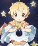 1boy blonde_hair blue_eyes blush eyebrows_visible_through_hair fate/grand_order fate/requiem fate_(series) food fruit highres male_focus open_mouth sky smile star_(sky) starfruit starry_sky thebrushking voyager_(fate/requiem) 