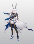  1girl alternate_costume animal_ears arknights asymmetrical_bangs bangs black_legwear blue_scarf boots breasts bunny_ears cleavage coat commentary facial_scar frostnova_(arknights) full_body grey_background grey_shirt hair_between_eyes hair_ornament hair_over_one_eye hairclip hand_in_pocket lanyard long_hair long_sleeves looking_at_viewer medium_breasts midriff miniskirt name_tag navel open_clothes open_coat pantyhose parted_bangs parted_lips scar scarf shirt silver_eyes silver_hair simple_background skirt solo standing torn_clothes torn_coat white_coat white_footwear white_skirt xion32 