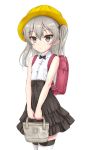  1girl backpack bag bangs bare_arms bare_shoulders black_bow black_hairband black_neckwear black_skirt bow bowtie brown_eyes closed_mouth collared_shirt commentary_request dress_shirt eyebrows_visible_through_hair flipper girls_und_panzer grey_hair hair_between_eyes hair_bow hairband hat high-waist_skirt highres holding holding_bag looking_at_viewer one_side_up pleated_skirt randoseru school_hat shimada_arisu shirt simple_background skirt sleeveless sleeveless_shirt solo striped striped_legwear thighhighs white_background white_shirt yellow_headwear 
