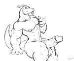  big_nipples bigshow dragon erection genitals hi_res humanoid_genitalia humanoid_penis hyper looking_at_viewer male monochrome muscular muscular_male nipples nude penis pose reptile scalie solo 