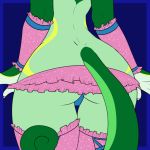  1:1 2017 anthro armwear ball_bulge blue_background butt clothed clothing crossdressing frilly frilly_clothing frilly_underwear girly green_body legwear male markings mostly_nude nintendo panties pok&eacute;mon pok&eacute;mon_(species) rear_view sachavayle serperior simple_background solo underwear undressing verde_the_snivy video_games 