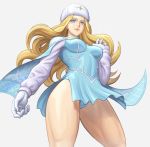  1girl blonde_hair blue_dress blue_eyes dress from_below gloves hat kolin lips long_hair long_sleeves noppo_(tarstation) smile solo street_fighter street_fighter_v thighs white_gloves 